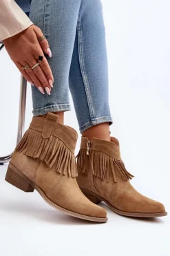 Zazoo Botki Wiosenne|Brązowe I Beżowe Botki*3430 Zamszowe Botki Damskie Z Frędzlami Beżowe