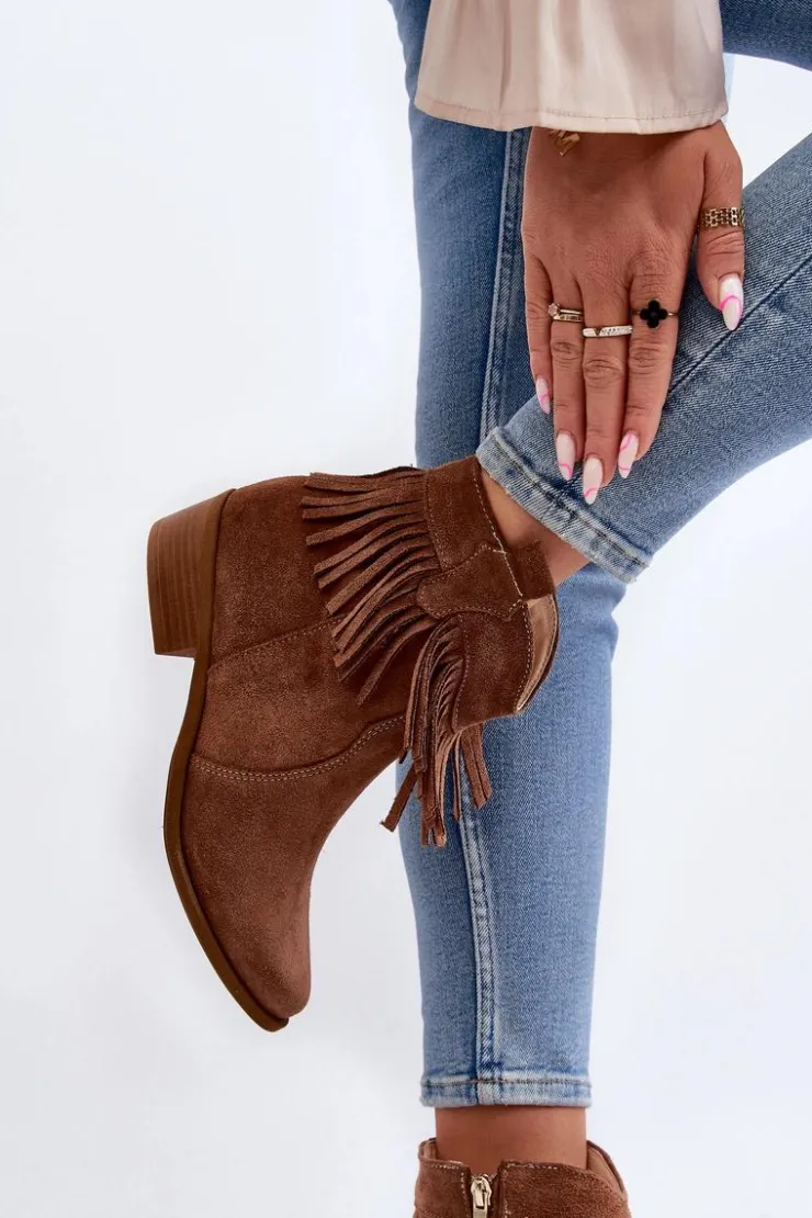 Hot Zazoo 3430 Zamszowe Botki Damskie Z Frędzlami Camel