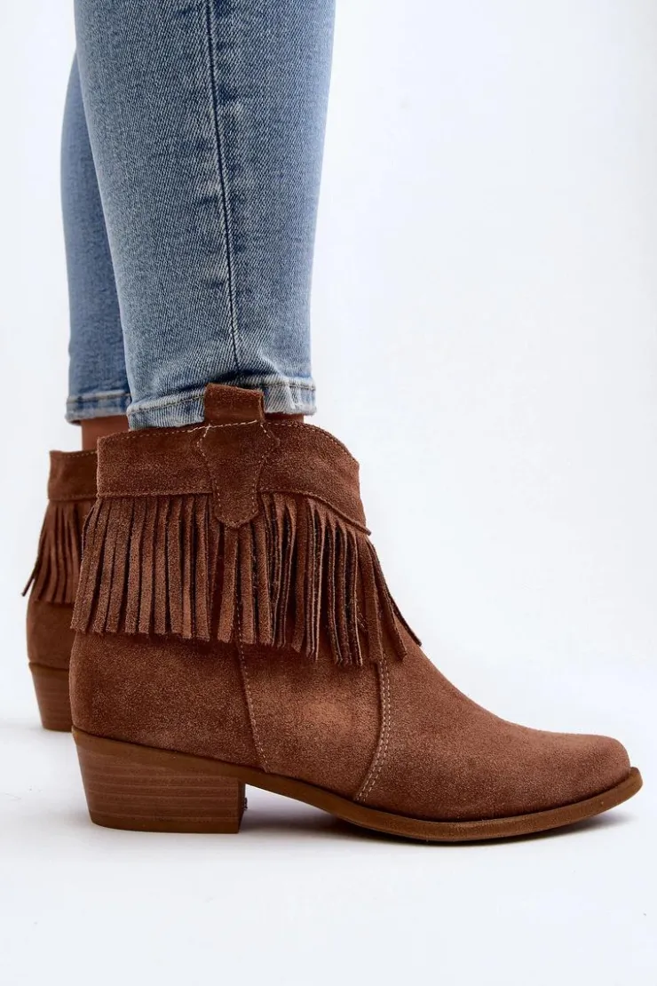 Hot Zazoo 3430 Zamszowe Botki Damskie Z Frędzlami Camel