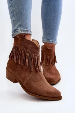 Hot Zazoo 3430 Zamszowe Botki Damskie Z Frędzlami Camel