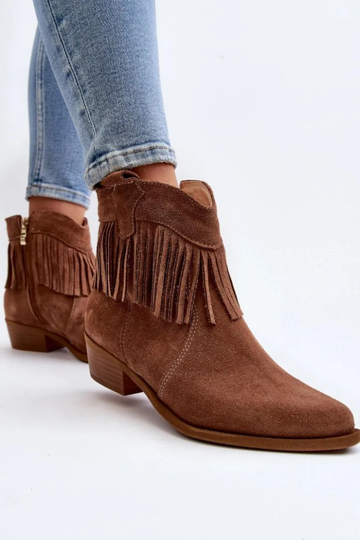 Hot Zazoo 3430 Zamszowe Botki Damskie Z Frędzlami Camel