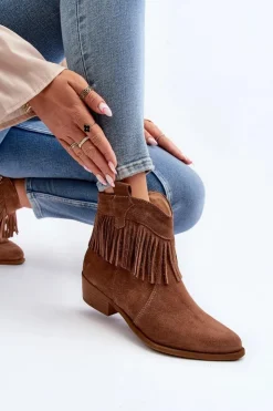 Hot Zazoo 3430 Zamszowe Botki Damskie Z Frędzlami Camel