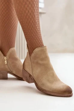 Zazoo Botki Skórzane|Botki Na Słupku*60475 Zamszowe Botki Damskie Na Niskim Obcasie Ocieplane Beżowe