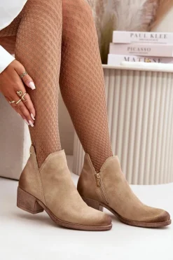 Zazoo Botki Skórzane|Botki Na Słupku*60475 Zamszowe Botki Damskie Na Niskim Obcasie Ocieplane Beżowe