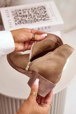 Zazoo Botki Skórzane|Botki Na Słupku*60475 Zamszowe Botki Damskie Na Niskim Obcasie Ocieplane Beżowe