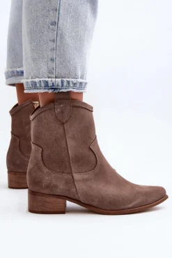 Damskie Zazoo 3329 Zamszowe Botki Kowbojki Na Niskim Obcasie Ciemnobeżowe