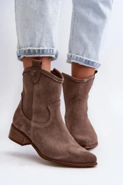 Damskie Zazoo 3329 Zamszowe Botki Kowbojki Na Niskim Obcasie Ciemnobeżowe