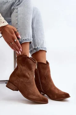 Zazoo Botki Wiosenne|Botki Skórzane*3329 Zamszowe Botki Kowbojki Na Niskim Obcasie Brązowe