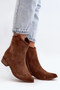 Zazoo Botki Wiosenne|Botki Skórzane*3329 Zamszowe Botki Kowbojki Na Niskim Obcasie Brązowe