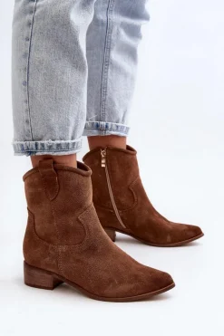 Zazoo Botki Wiosenne|Botki Skórzane*3329 Zamszowe Botki Kowbojki Na Niskim Obcasie Brązowe