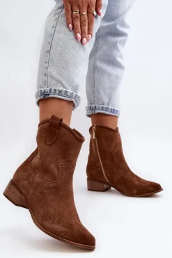 Zazoo Botki Wiosenne|Botki Skórzane*3329 Zamszowe Botki Kowbojki Na Niskim Obcasie Brązowe