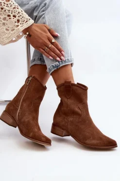 Zazoo Botki Wiosenne|Botki Skórzane*3329 Zamszowe Botki Kowbojki Na Niskim Obcasie Brązowe