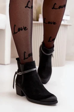 Damskie Zazoo 60478 Zamszowe Botki Na Obcasie Ocieplane Zapinane Na Zamek Czarne