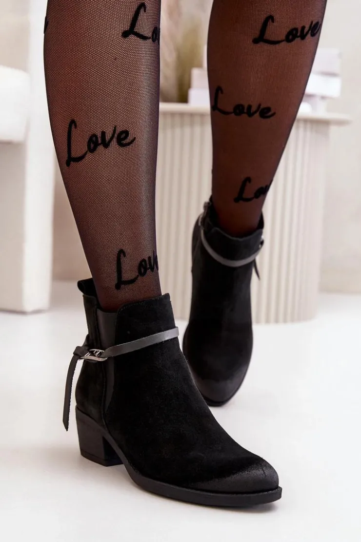 Damskie Zazoo 60478 Zamszowe Botki Na Obcasie Ocieplane Zapinane Na Zamek Czarne