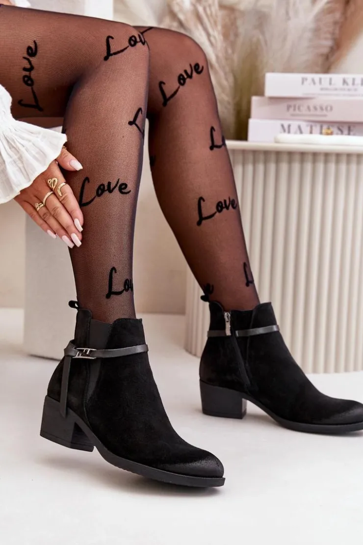 Damskie Zazoo 60478 Zamszowe Botki Na Obcasie Ocieplane Zapinane Na Zamek Czarne