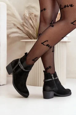 Damskie Zazoo 60478 Zamszowe Botki Na Obcasie Ocieplane Zapinane Na Zamek Czarne