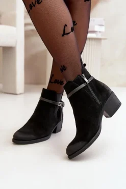 Damskie Zazoo 60478 Zamszowe Botki Na Obcasie Ocieplane Zapinane Na Zamek Czarne
