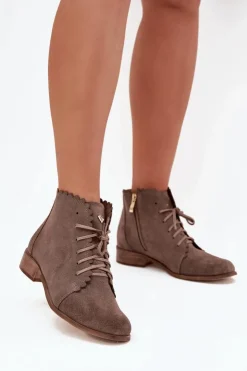 Hot Zazoo 2964 Zamszowe Botki Na Płaskim Obcasie Ciemnobeżowe Beżowy