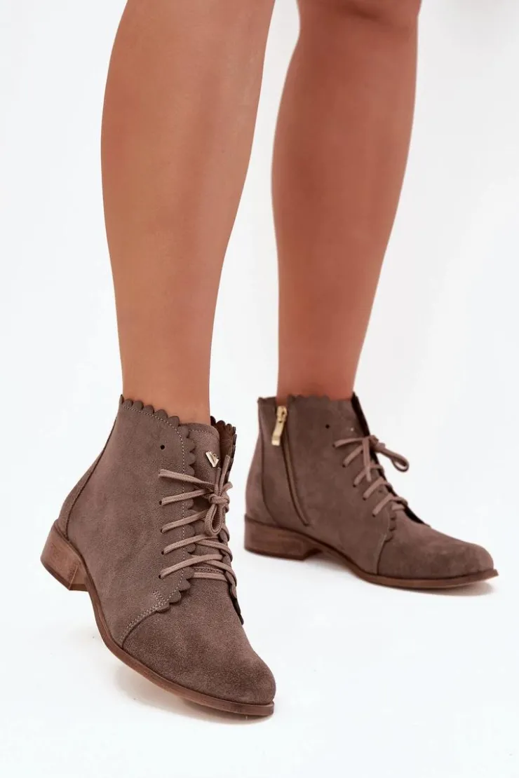 Hot Zazoo 2964 Zamszowe Botki Na Płaskim Obcasie Ciemnobeżowe Beżowy