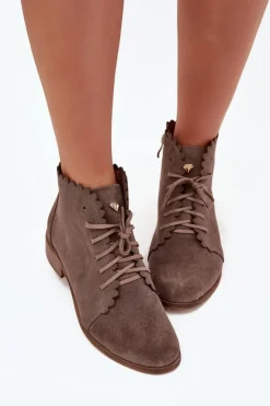 Hot Zazoo 2964 Zamszowe Botki Na Płaskim Obcasie Ciemnobeżowe Beżowy