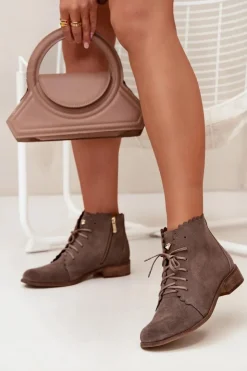 Hot Zazoo 2964 Zamszowe Botki Na Płaskim Obcasie Ciemnobeżowe Beżowy