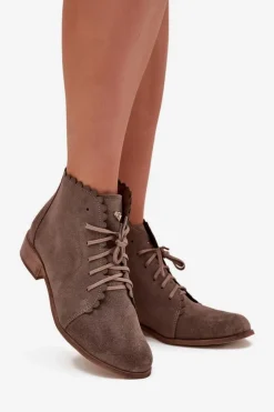 Hot Zazoo 2964 Zamszowe Botki Na Płaskim Obcasie Ciemnobeżowe Beżowy