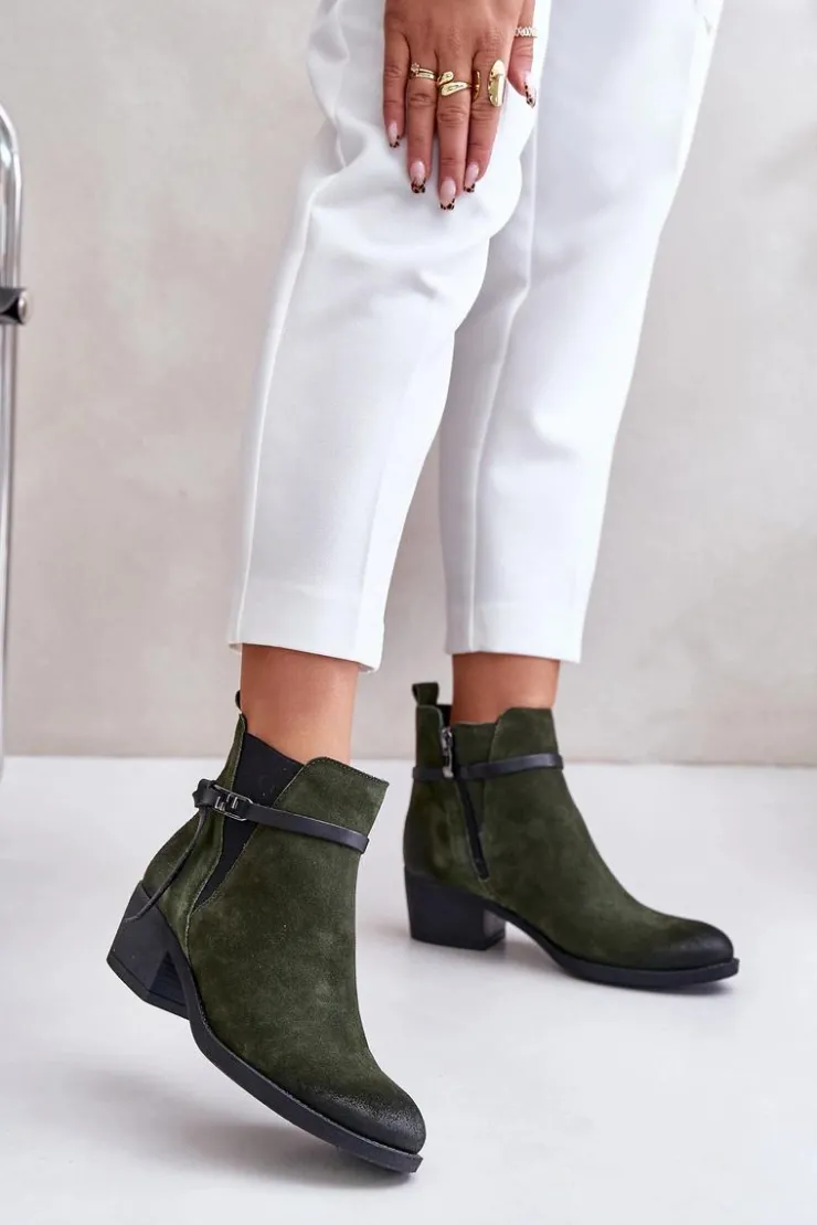 Damskie Zazoo 60478 Zamszowe Botki Na Obcasie Ocieplane Zapinane Na Zamek Ciemnozielone