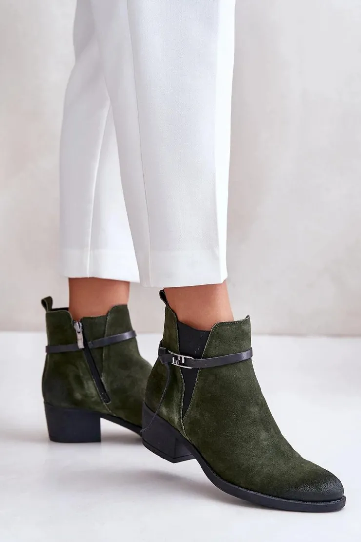 Damskie Zazoo 60478 Zamszowe Botki Na Obcasie Ocieplane Zapinane Na Zamek Ciemnozielone