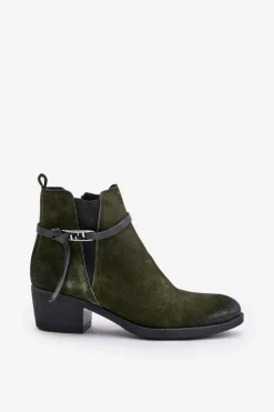Damskie Zazoo 60478 Zamszowe Botki Na Obcasie Ocieplane Zapinane Na Zamek Ciemnozielone