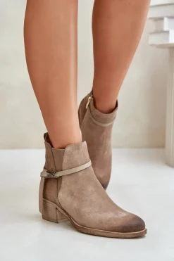 Damskie Zazoo 60478 Zamszowe Botki Na Obcasie Ocieplane Zapinane Na Zamek Beżowe