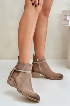 Damskie Zazoo 60478 Zamszowe Botki Na Obcasie Ocieplane Zapinane Na Zamek Beżowe