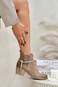 Damskie Zazoo 60478 Zamszowe Botki Na Obcasie Ocieplane Zapinane Na Zamek Beżowe