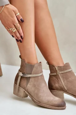 Damskie Zazoo 60478 Zamszowe Botki Na Obcasie Ocieplane Zapinane Na Zamek Beżowe