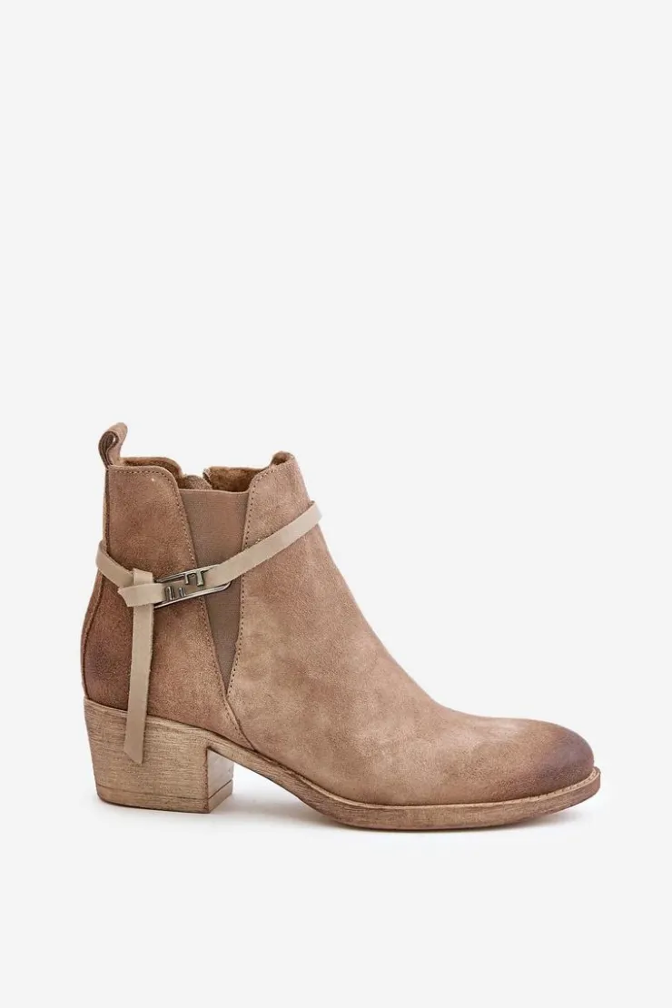 Damskie Zazoo 60478 Zamszowe Botki Na Obcasie Ocieplane Zapinane Na Zamek Beżowe