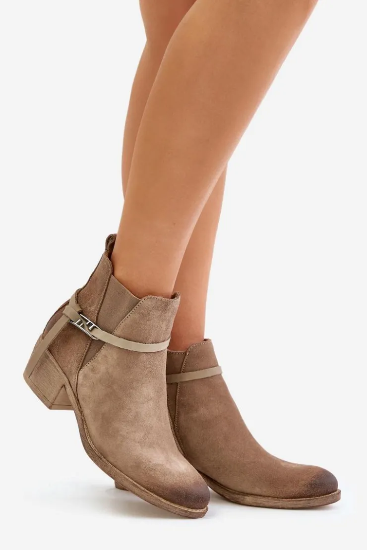 Damskie Zazoo 60478 Zamszowe Botki Na Obcasie Ocieplane Zapinane Na Zamek Beżowe