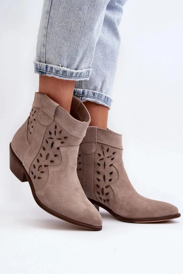 Outlet Zazoo 2870 Zamszowe Botki Na Niskim Obcasie Ażurowe Beżowe