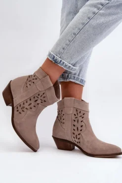 Outlet Zazoo 2870 Zamszowe Botki Na Niskim Obcasie Ażurowe Beżowe