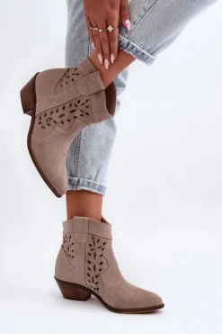 Outlet Zazoo 2870 Zamszowe Botki Na Niskim Obcasie Ażurowe Beżowe