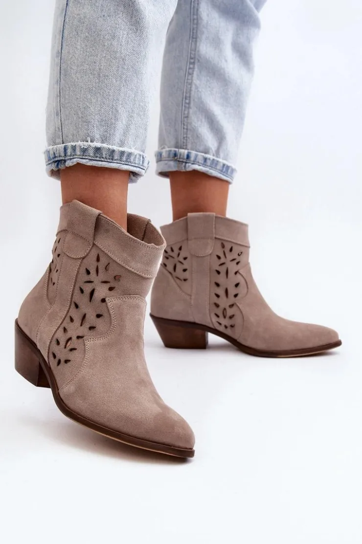 Outlet Zazoo 2870 Zamszowe Botki Na Niskim Obcasie Ażurowe Beżowe
