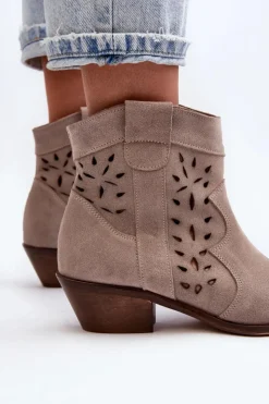 Outlet Zazoo 2870 Zamszowe Botki Na Niskim Obcasie Ażurowe Beżowe