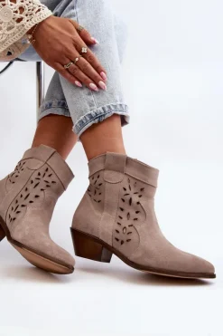 Outlet Zazoo 2870 Zamszowe Botki Na Niskim Obcasie Ażurowe Beżowe
