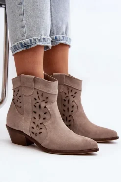 Outlet Zazoo 2870 Zamszowe Botki Na Niskim Obcasie Ażurowe Beżowe
