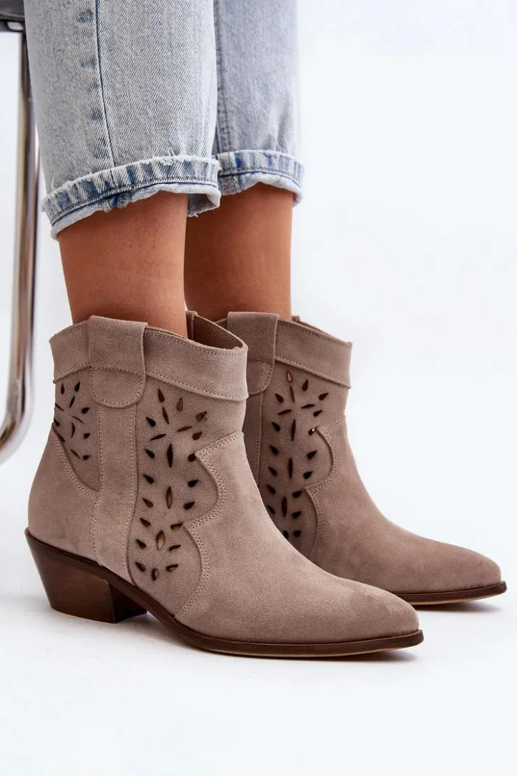 Outlet Zazoo 2870 Zamszowe Botki Na Niskim Obcasie Ażurowe Beżowe