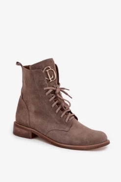 Damskie Zazoo 2955 Zamszowe Botki Workery Ze Złotym Detalem Na Języku Ciemnobeżowe