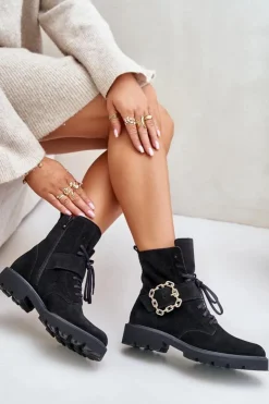 Damskie Zazoo 2951 Zamszowe Botki Z Ozdobną Klamrą Czarne