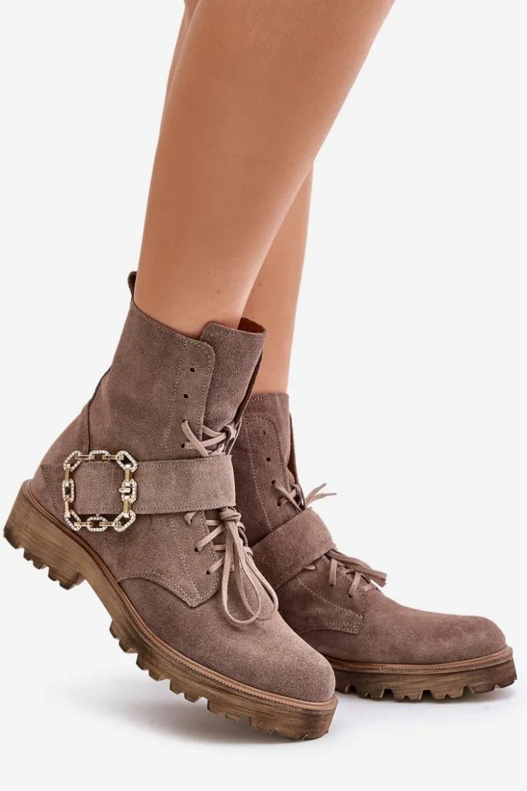 Zazoo 2951 Zamszowe Botki Z Ozdobną Klamrą Ciemnobeżowe Beżowy