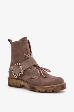 Zazoo 2951 Zamszowe Botki Z Ozdobną Klamrą Ciemnobeżowe Beżowy