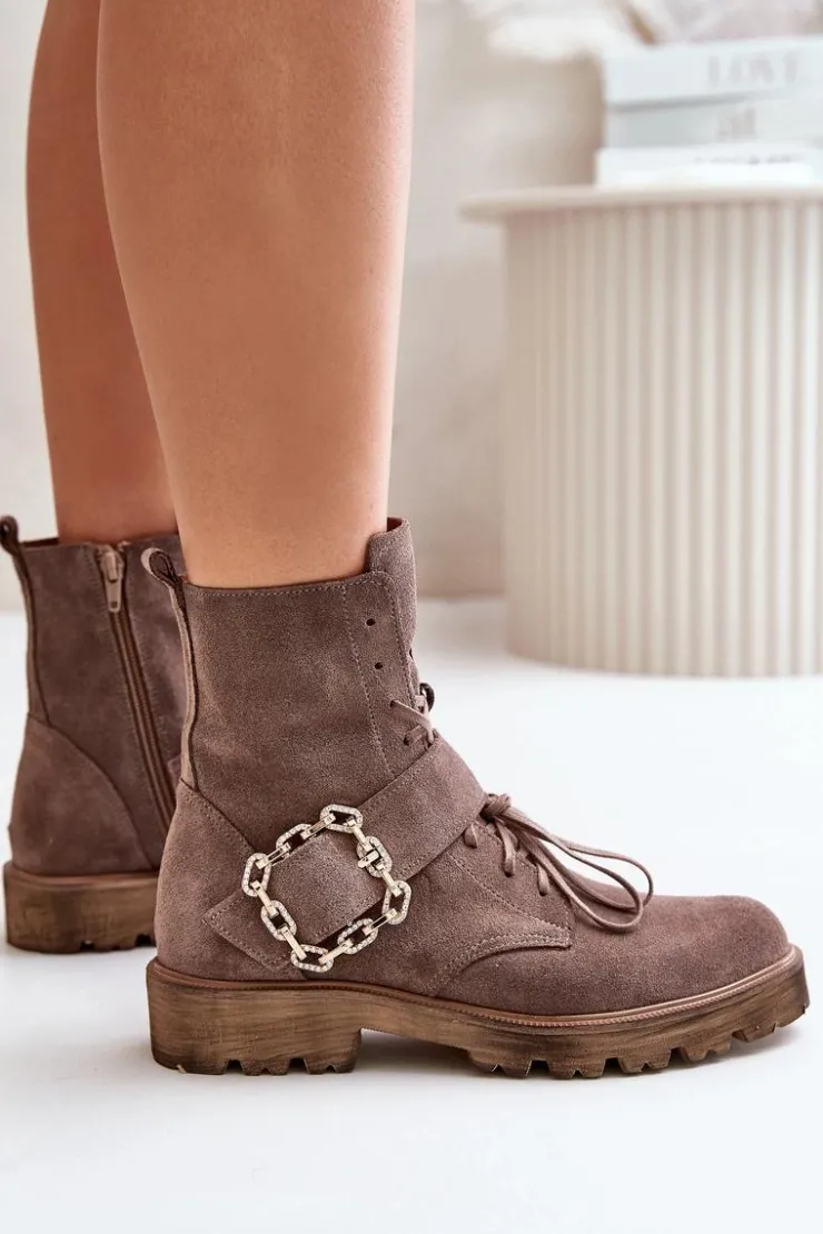 Zazoo 2951 Zamszowe Botki Z Ozdobną Klamrą Ciemnobeżowe Beżowy