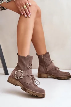 Zazoo 2951 Zamszowe Botki Z Ozdobną Klamrą Ciemnobeżowe Beżowy