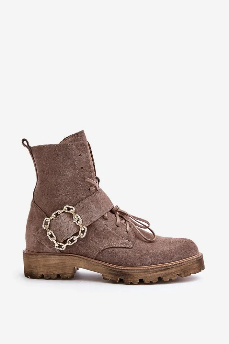 Zazoo 2951 Zamszowe Botki Z Ozdobną Klamrą Ciemnobeżowe Beżowy